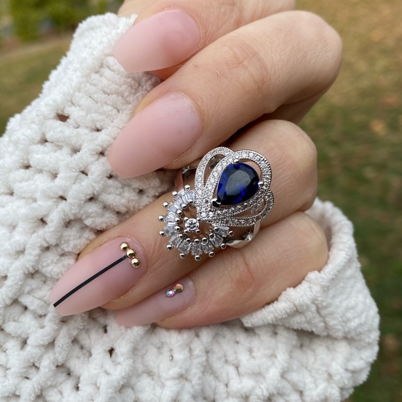 925 silver Luxury Water Drop Blue Sapphire Ring - Picture 10 of 11